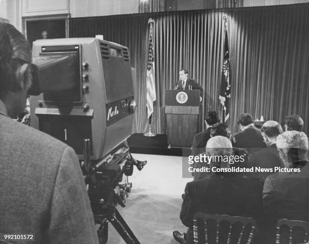 President Richard Nixon makes a televised news conference on the Vietnam War in the East Room of the White House in Washington, DC, 1st June 1971. He...