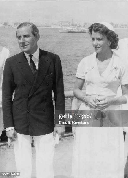 Greek shipping tycoon Stavros Niarchos and his wife Eugenia , the daughter of Stavros Livanos and sister of Athina Onassis, circa 1960.