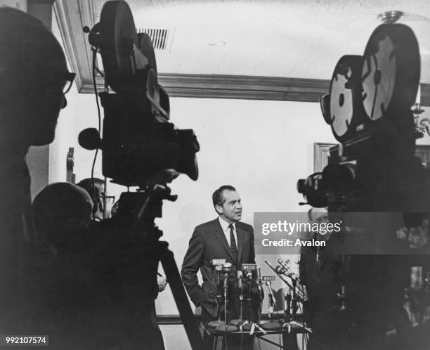 American Republican politician Richard Nixon holds a news conference during the Republican National Convention in Miami Beach, Florida, 9th August...