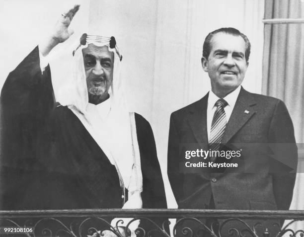 President Richard Nixon with King Faisal of Saudi Arabia on the South Portico of the White House in Washington, DC, at the end of the welcoming...