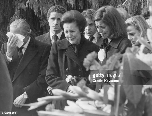 The funeral of Athina 'Tina' Onassis Niarchos, wife of Stavros Niarchos, in Lausanne, Switzerland, October 1974. From left to right, Stavros Niarchos...