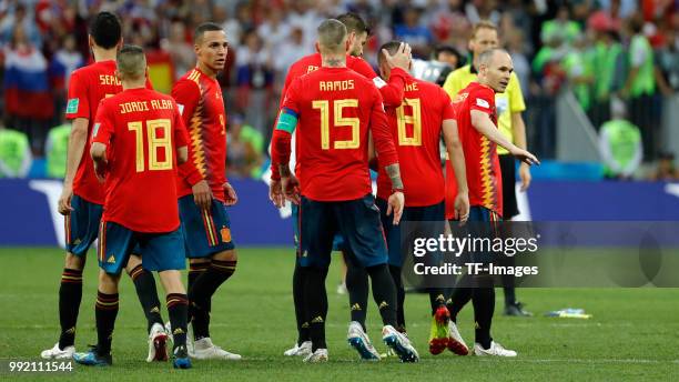 Koke Resurreccion of Spain, Gerard Pique of Spain, Sergio Ramos of Spain, Rodrigo Moreno of Spain, Jordi Alba of Spain and Andres Iniesta of Spain...