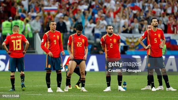 Jordi Alba of Spain, Rodrigo Moreno of Spain, Isco Alarcon of Spain, Dani Carvajal of Spain and Sergio Busquets of Spain look on during the 2018 FIFA...