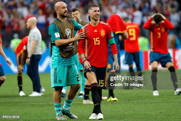 Pepe Reina of Spain and Sergio Ramos of Spain look dejected after the 2018 FIFA World Cup Russia match between Spain and Russia at Luzhniki Stadium...