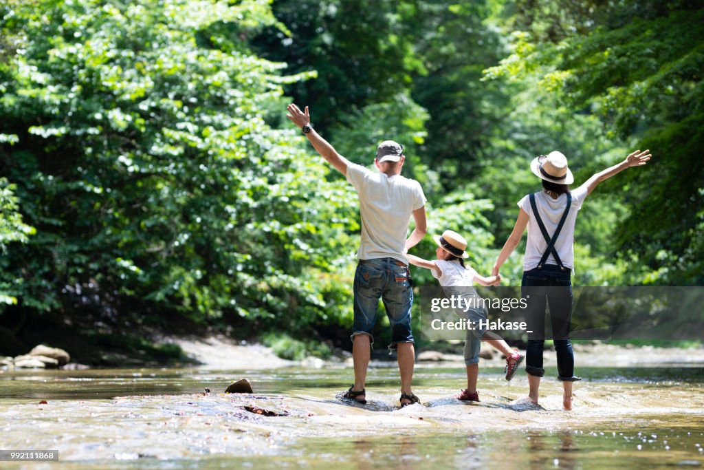 Father and mother and daughter play in the river