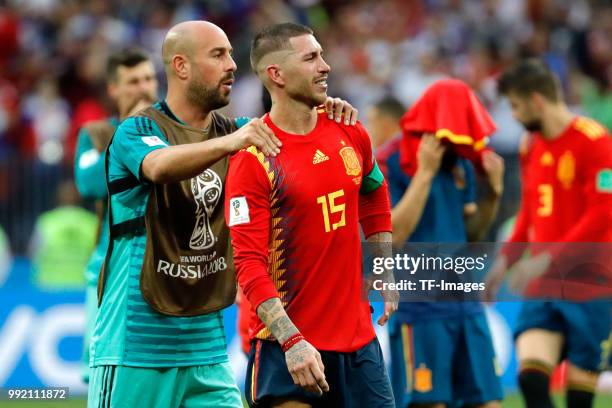 Pepe Reina of Spain and Sergio Ramos of Spain look dejected after the 2018 FIFA World Cup Russia match between Spain and Russia at Luzhniki Stadium...