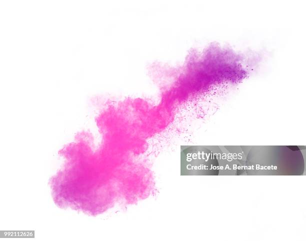 full frame of forms and textures of an explosion of powder and smoke of color pink on a white background. - colour smoke ストックフォトと画像