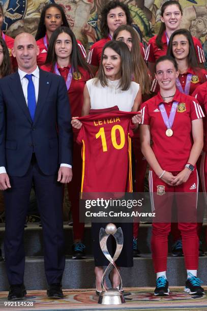 Queen Letizia of Spain receive the Spanish U-17 women's soccer team at Zarzuela Palace on July 5, 2018 in Madrid, Spain.