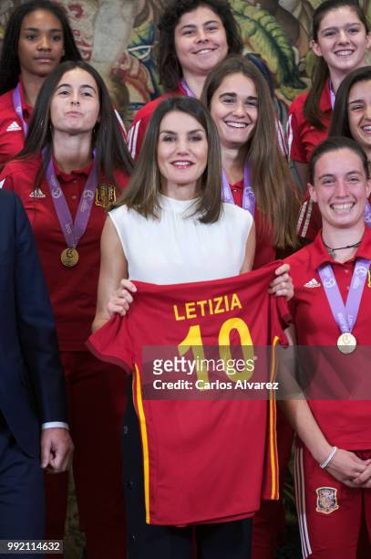 Queen Letizia of Spain receive the Spanish U-17 women's soccer team at Zarzuela Palace on July 5, 2018 in Madrid, Spain.