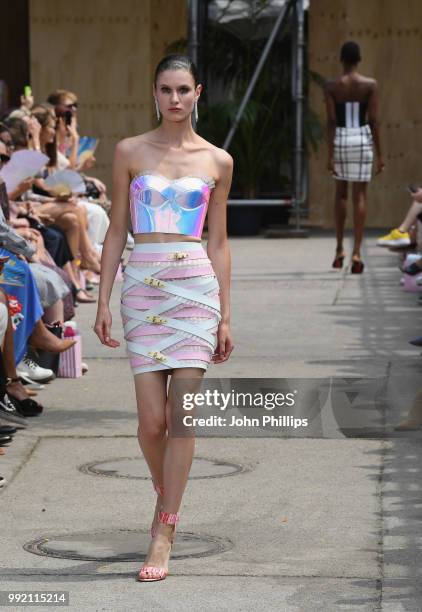 Model walks the runway at the Marina Hoermanseder show during the Berlin Fashion Week Spring/Summer 2019 at ewerk on July 5, 2018 in Berlin, Germany.