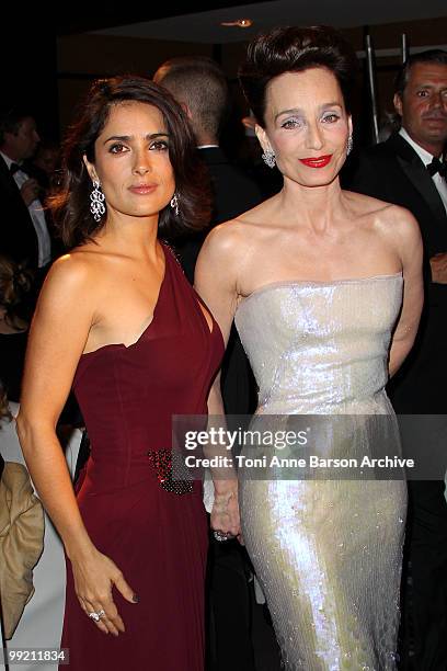 Actress Salma Hayek and Mistress of Ceremony Kristin Scott Thomas attend the Opening Night Dinner at the Hotel Majestic during the 63rd Annual...