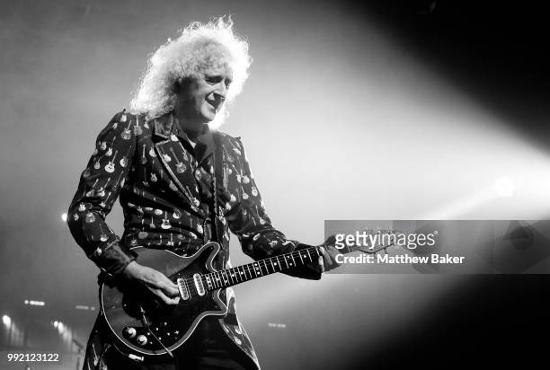 Brian May of Queen performs live on stage at The O2 Arena on July 2, 2018 in London, England.
