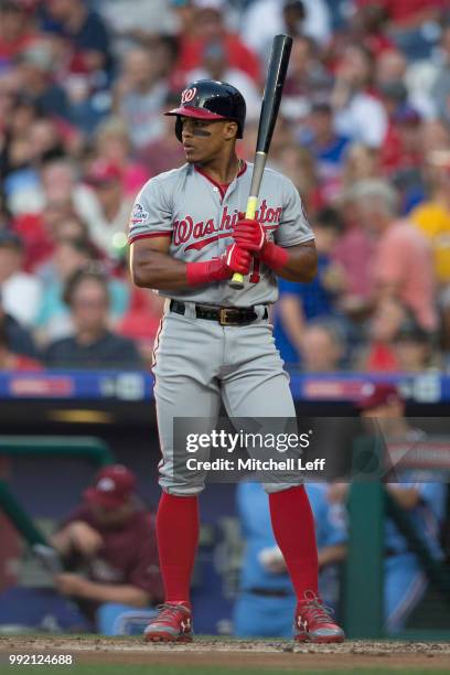Wilmer Difo of the Washington Nationals bats against the Philadelphia Phillies at Citizens Bank Park on June 28, 2018 in Philadelphia, Pennsylvania.