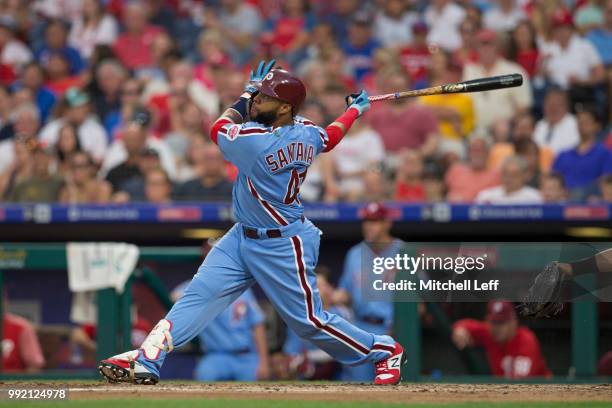 Carlos Santana of the Philadelphia Phillies bats against the Washington Nationals at Citizens Bank Park on June 28, 2018 in Philadelphia,...