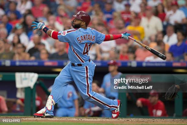 Carlos Santana of the Philadelphia Phillies bats against the Washington Nationals at Citizens Bank Park on June 28, 2018 in Philadelphia,...