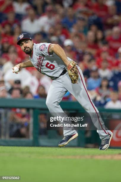 Anthony Rendon of the Washington Nationals throws the ball to first base against the Philadelphia Phillies at Citizens Bank Park on June 28, 2018 in...