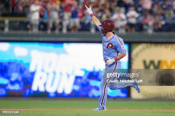 Rhys Hoskins of the Philadelphia Phillies hits a two run home run in the bottom of the seventh inning against the Washington Nationals at Citizens...