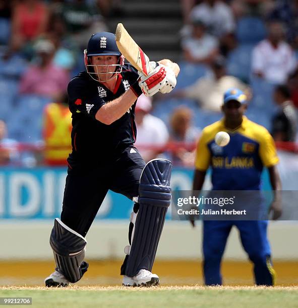 Paul Collingwood of England hits out during the semi final of the ICC World Twenty20 between England and Sri Lanka at the Beausjour Cricket Ground on...