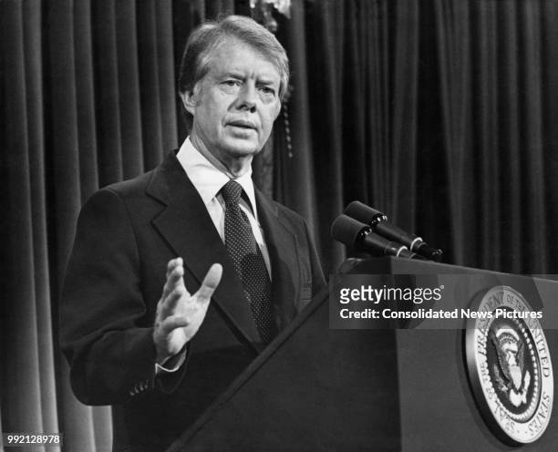American President Jimmy Carter holds a final press conference in Washington, DC, before leaving for his Memorial Day vacation in Georgia, 26th May...