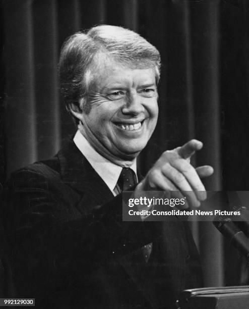 American President Jimmy Carter holds a press conference in the Old Executive Office Building in Washington, DC, 12th January 1978.