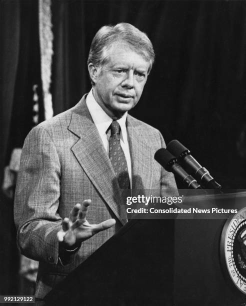 American President Jimmy Carter holds a televised press conference in the Executive Office Building in Washington, DC, 26th June 1978.