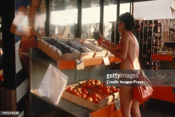 Naturists grocery shop in Cap D'Agde circa 1980 in Agde, France.