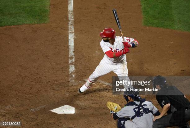 Carlos Santana of the Philadelphia Phillies during a game against the New York Yankees at Citizens Bank Park on June 27, 2018 in Philadelphia,...