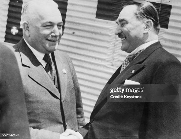 Milan Stojadinovic , the Prime Minister of Yugoslavia, greets German diplomat Konstantin von Neurath , the Reich Minister of Foreign Affairs, upon...