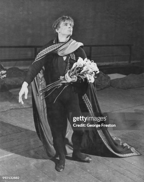 Soviet ballet dancer Rudolf Nureyev during rehearsals for the ballet 'Giselle' at the Royal Opera House in Covent Garden, London, 19th February 1962....