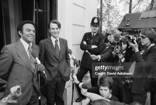 Andrew Young , the US Ambassador to the United Nations, and British Foreign Secretary David Owen talking to the press after a meeting at Number 1,...