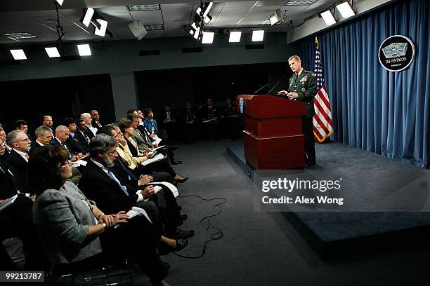 Commander of the International Security Assistance Force and Commander of U.S. Forces Afghanistan General Stanley McChrystal speaks during a news...