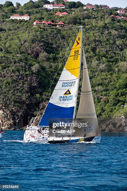 French skippers Henri-Paul Schipman and Pierre Canevet sail on their "Maisons de l'Avenir - Urbatys" monohull upon their arrival at the end of the...