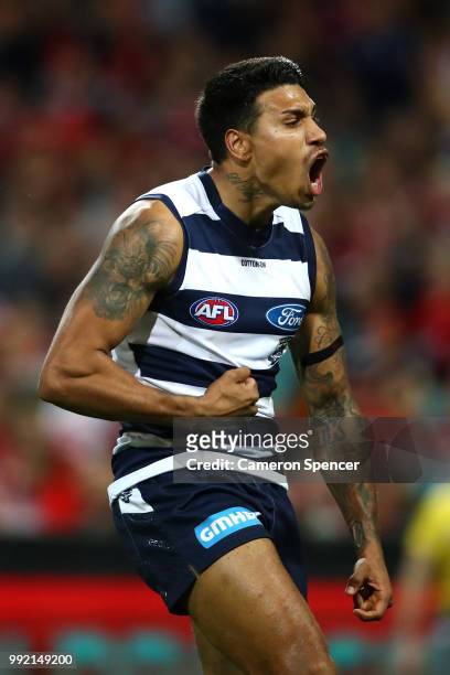 Tim Kelly of the Cats celebrates kicking a goal during the round 16 AFL match between the Sydney Swans and the Geelong Cats at Sydney Cricket Ground...