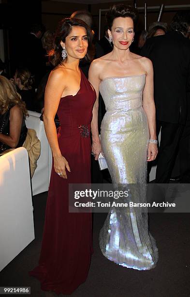 Actress Salma Hayek and Mistress of Ceremony Kristin Scott Thomas attend the Opening Night Dinner at the Hotel Majestic during the 63rd Annual...