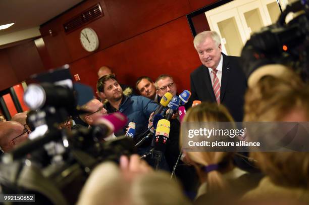 Horst Seehofer , Premier of the state of Bavaria, speaking to the media ahead of a special meeting of the CSU's Landtag fraction in the Bavarian...