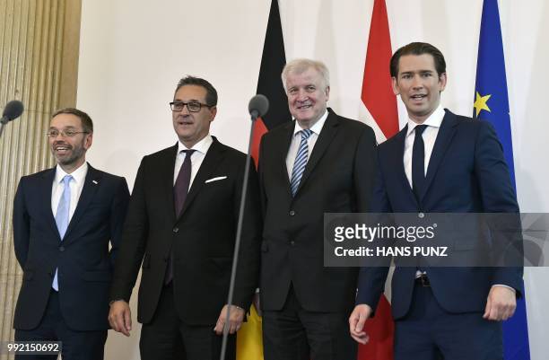 German Interior Minister Horst Seehofer , Austria's Interior Minister Herbert Kickl , Austrian Chancellor Sebastian Kurz and Austria's Vice...