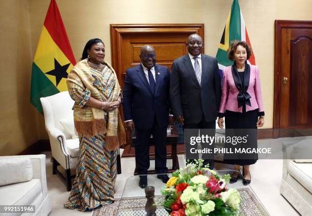 South African President Cyril Ramaphosa and his wife Tshepo Motsepe poses with Ghana President Nana Akufo-Addo and his wife Rebecca Akufo-Addo for a...