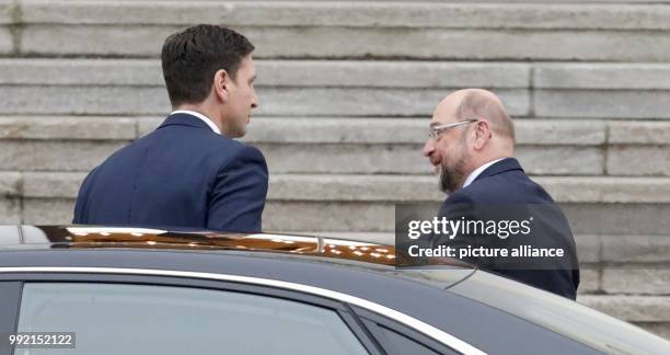 The leader of Germany's Social Democratic Party , Martin Schulz, arrives for talks with German President Frank-Walter Steinmeier in Berlin, Germany,...