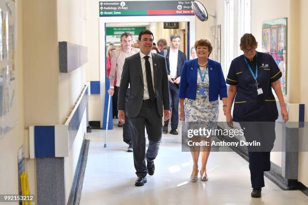 Mayor of Manchester Andy Burnham and Kathy Cowell, Chairman MFT during a visit to Trafford Hospital to celebrate the 70th birthday of the NHS at...