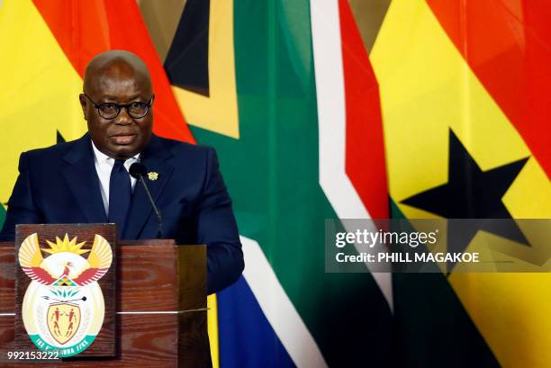 Ghana President Nana Akufo-Addo addresses a joint press conference with the South African President at the Union Building in Pretoria, on July 5...