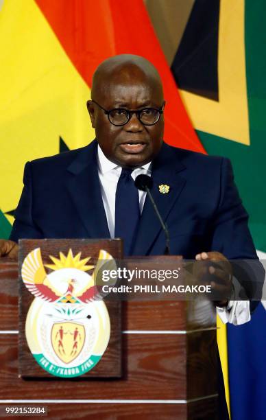 Ghana President Nana Akufo-Addo addresses a joint press conference with the South African President at the Union Building in Pretoria, on July 5...