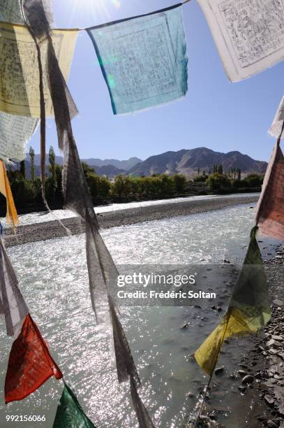 Scenic and magnificent landscape with prayer flags seen from Stakna Monastery in Ladakh, Jammu and Kashmir on July 12 India.