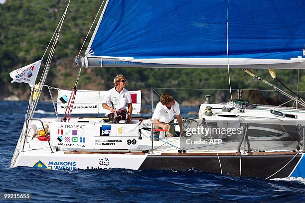 French skippers Henri-Paul Schipman and Pierre Canevet sail on their "Maisons de l'Avenir - Urbatys" monohull upon their arrival at the end of the...