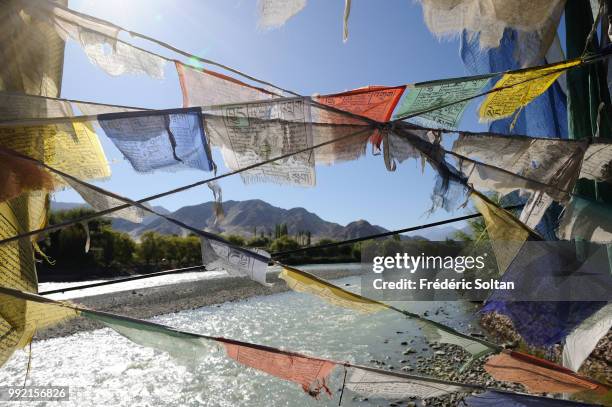 Scenic and magnificent landscape with prayer flags seen from Stakna Monastery in Ladakh, Jammu and Kashmir on July 12 India.