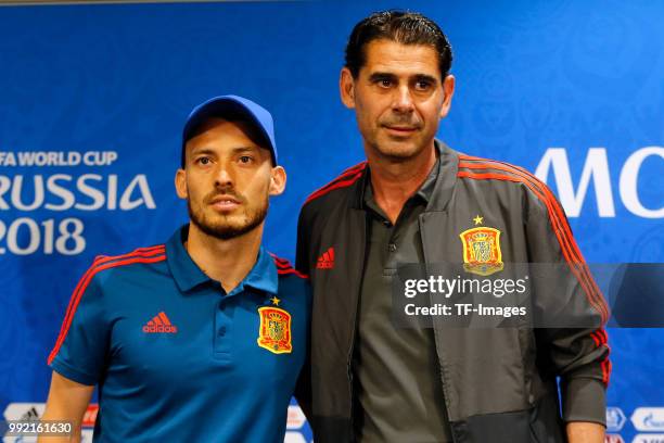 David Silva of Spain and Head coach Fernando Hierro of Spain attend the press conference prior to a training session on June 30, 2018 in Moscow,...