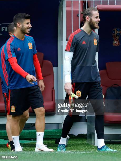 David de Gea of Spain laughs during a training session on June 30, 2018 in Moscow, Russia.