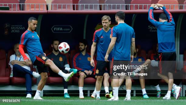 Players of Spain look on during a training session on June 30, 2018 in Moscow, Russia.
