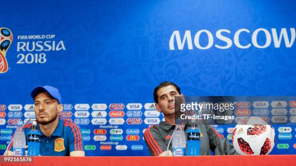 David Silva of Spain and Head coach Fernando Hierro of Spain attend the press conference prior to a training session on June 30, 2018 in Moscow,...