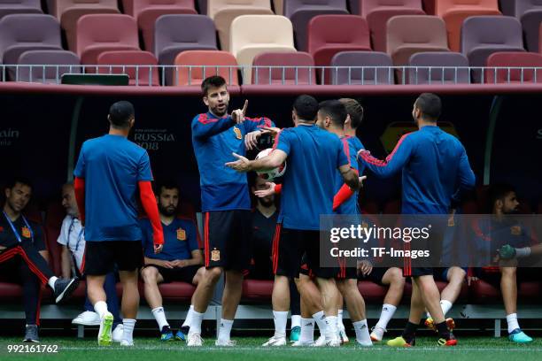 Players of Spain gesture during a training session on June 30, 2018 in Moscow, Russia.