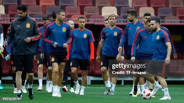 Players of Spain look on during a training session on June 30, 2018 in Moscow, Russia.